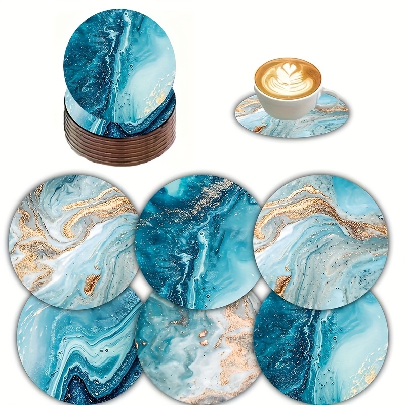Marble Coaster Set - 2D Flat 6pcs Blue Ocean Round
